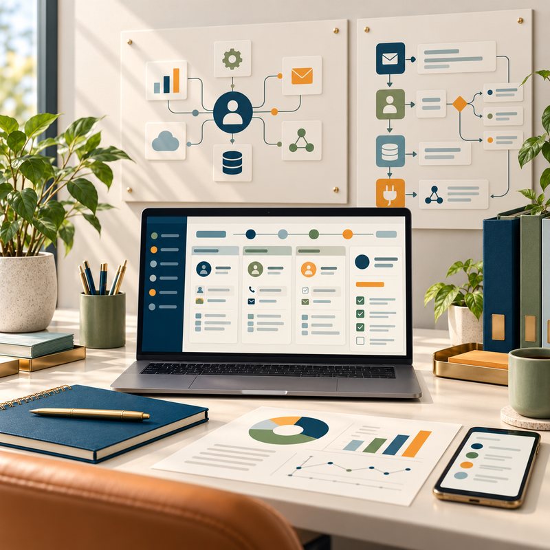Laptop showing a CRM pipeline, with wall charts of connected contacts and automated workflows