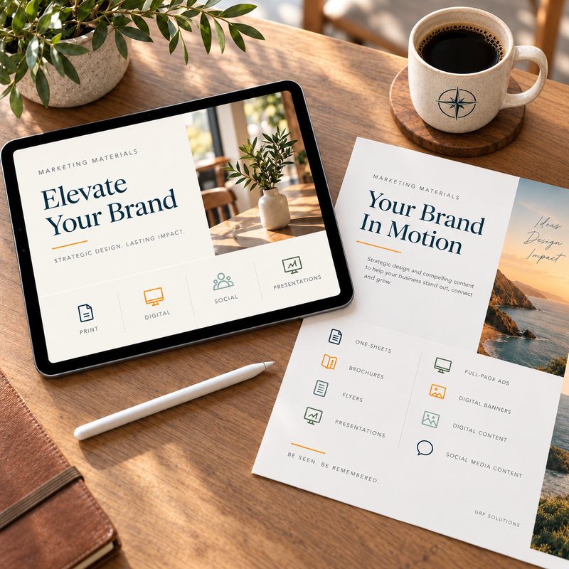 Tablet and printed one-sheet showing marketing layouts on a wooden desk beside a GRF Solutions compass mug
